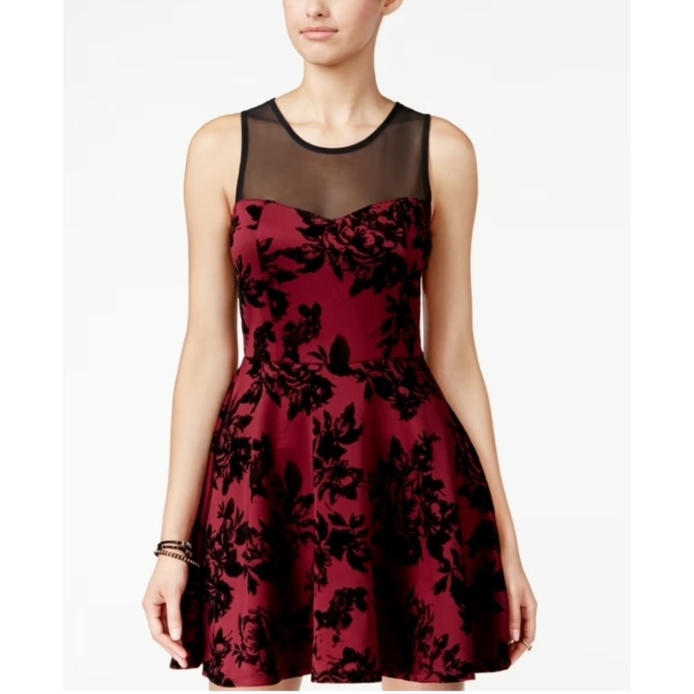 Trixxi Velvet Lace Print Mesh panel fit and flare Flocked Skater Dress Size 3X - Picture 2 of 9